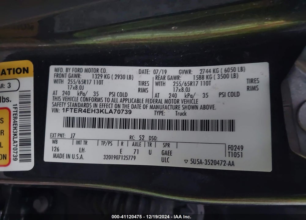 2019 FORD RANGER XL VIN: 1FTER4EH3KLA70739