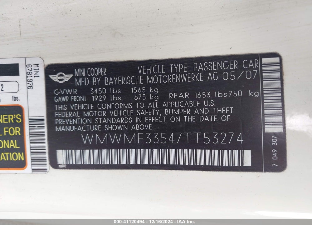 2007 MINI COOPER VIN: WMWMF33547TT53274