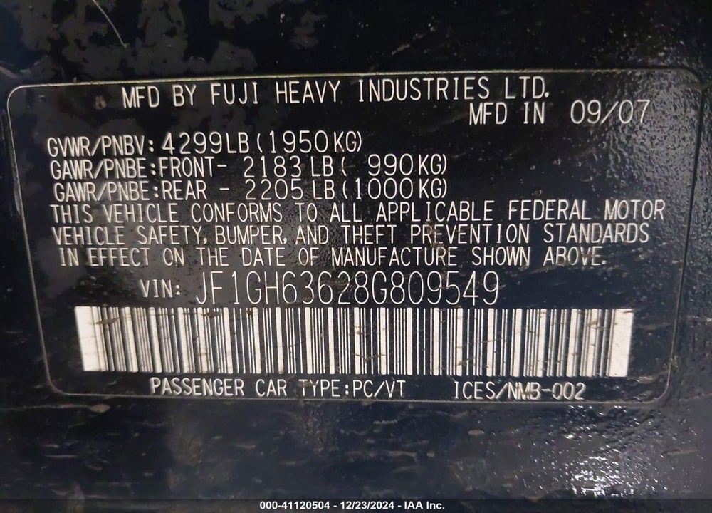 2008 SUBARU IMPREZA OUTBACK SPORT VIN: JF1GH63628G809549
