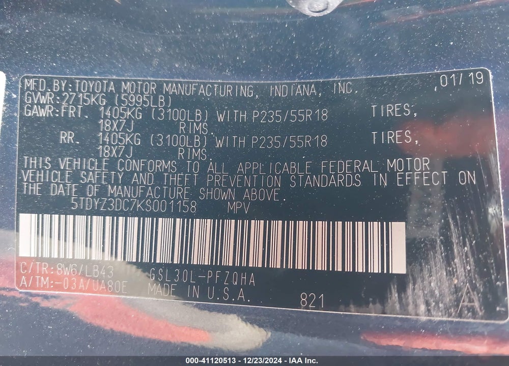 2019 TOYOTA SIENNA VIN: 5TDYZ3DC7KS001158