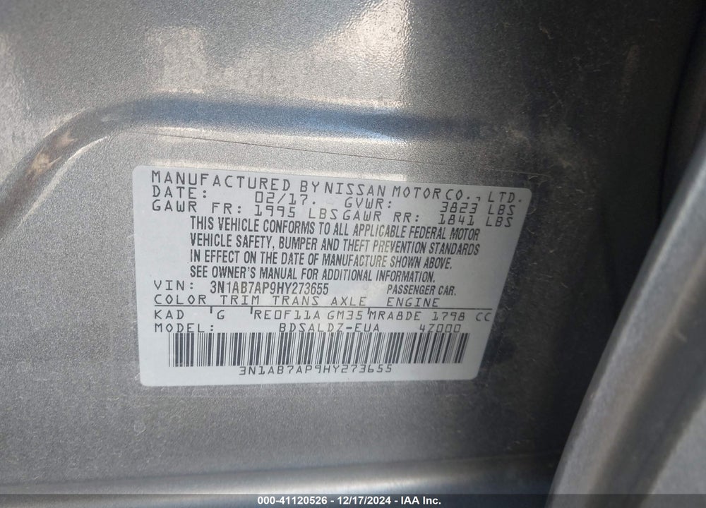 2017 NISSAN SENTRA SV VIN: 3N1AB7AP9HY273655