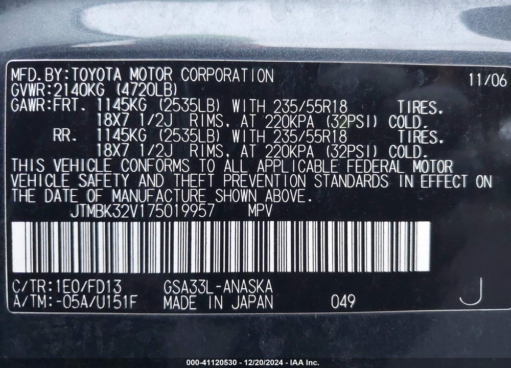 2007 TOYOTA RAV4 SPORT V6 VIN: JTMBK32V175019957