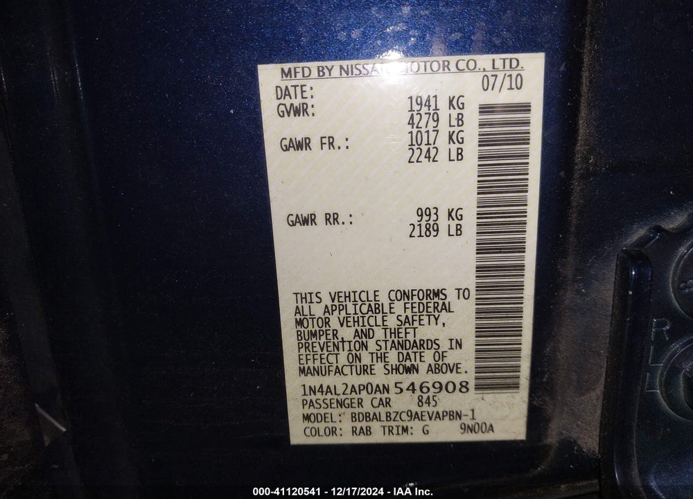 2010 NISSAN ALTIMA 2.5 SL VIN: 1N4AL2AP0AN546908