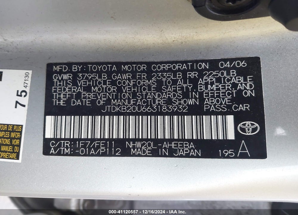 2006 TOYOTA PRIUS VIN: JTDKB20U663183932