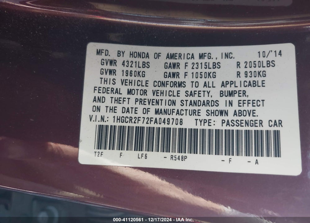 2015 HONDA ACCORD EX VIN: 1HGCR2F72FA049708