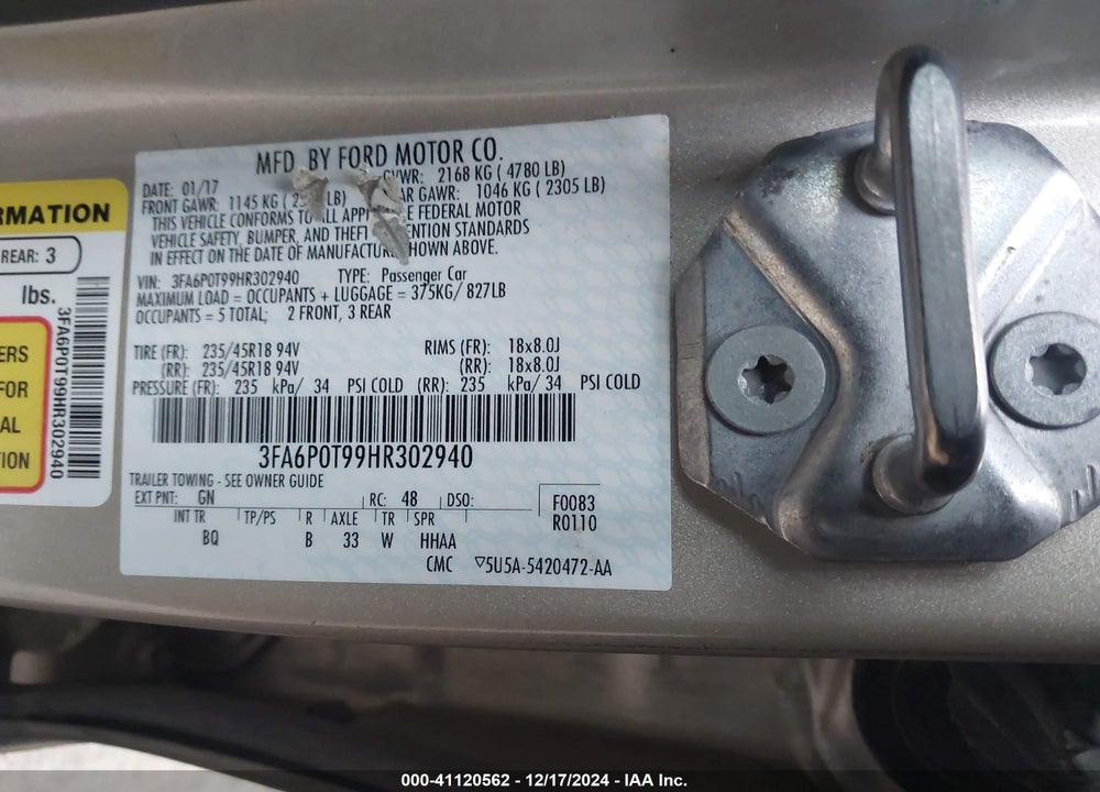 2017 FORD FUSION SE VIN: 3FA6P0T99HR302940