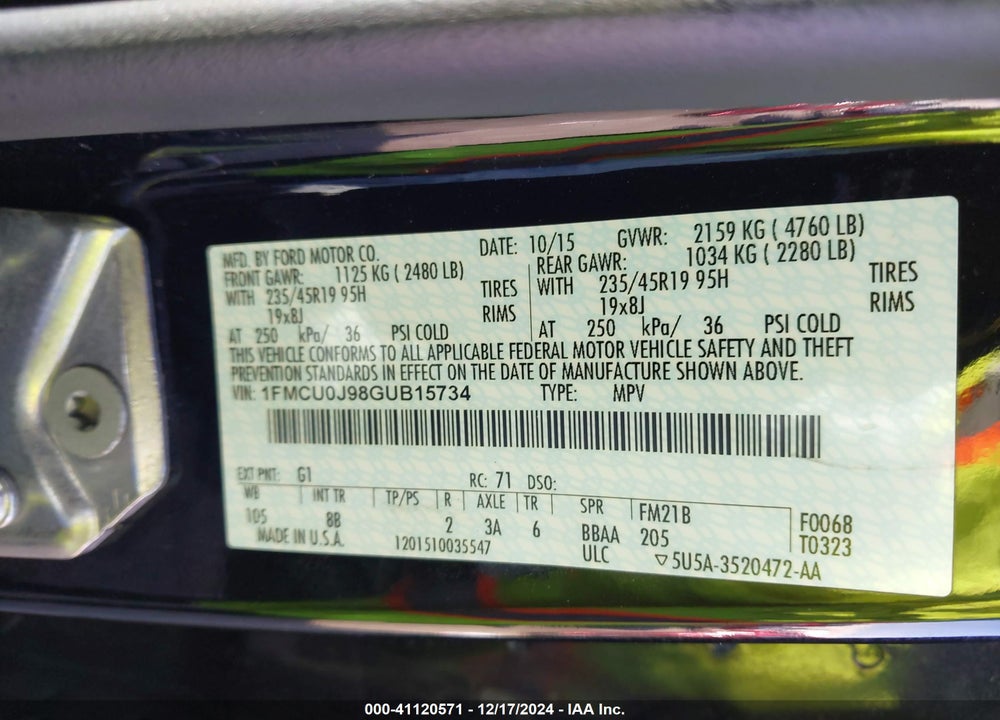 2016 FORD ESCAPE TITANIUM VIN: 1FMCU0J98GUB15734