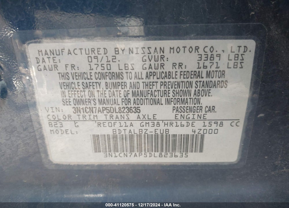 2013 NISSAN VERSA 1.6 SV VIN: 3N1CN7AP5DL823635