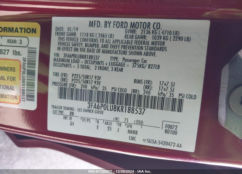 2019 FORD FUSION HYBRID SE VIN: 3FA6P0LU8KR188537