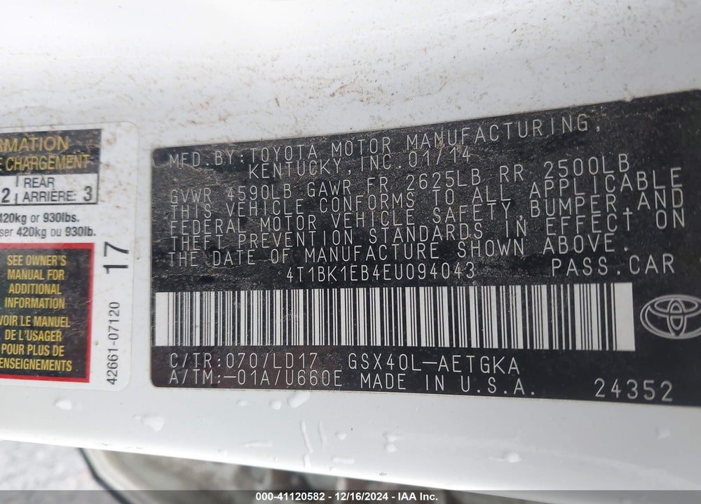 2014 TOYOTA AVALON XLE VIN: 4T1BK1EB4EU094043