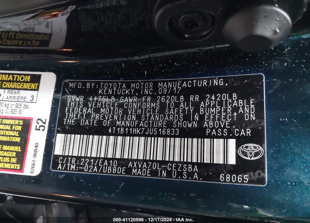 2018 TOYOTA CAMRY SE VIN: 4T1B11HK7JU516833