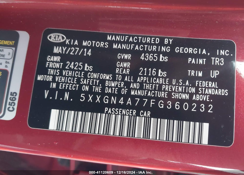 2015 KIA OPTIMA EX VIN: 5XXGN4A77FG360232