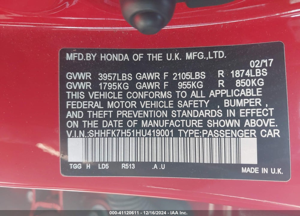 2017 HONDA CIVIC EX VIN: SHHFK7H51HU419001