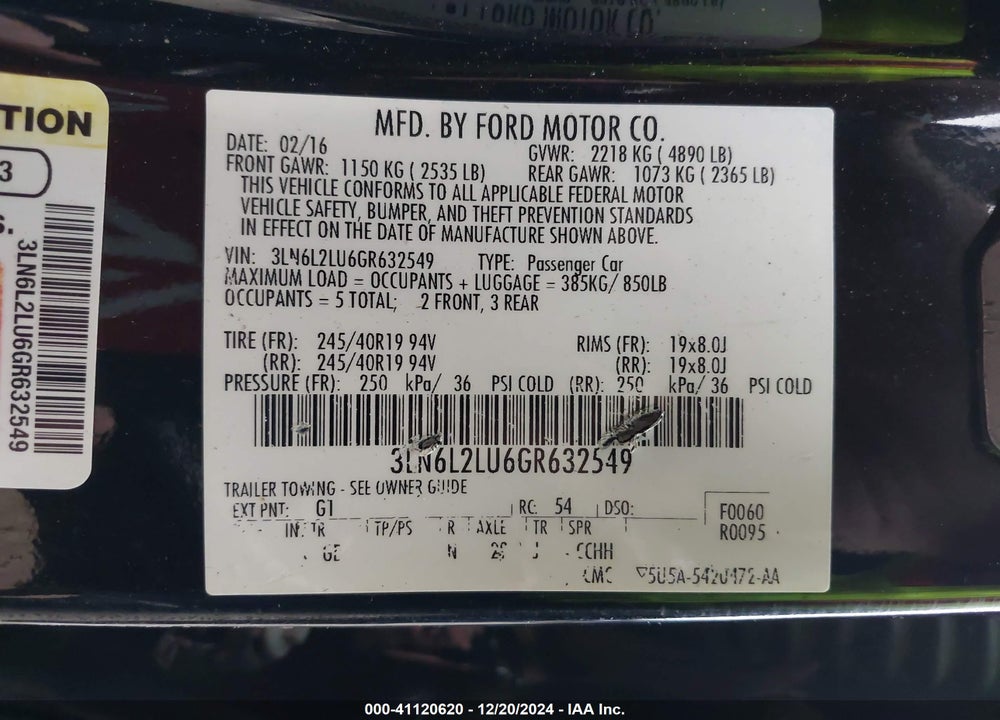 2016 LINCOLN MKZ HYBRID VIN: 3LN6L2LU6GR632549
