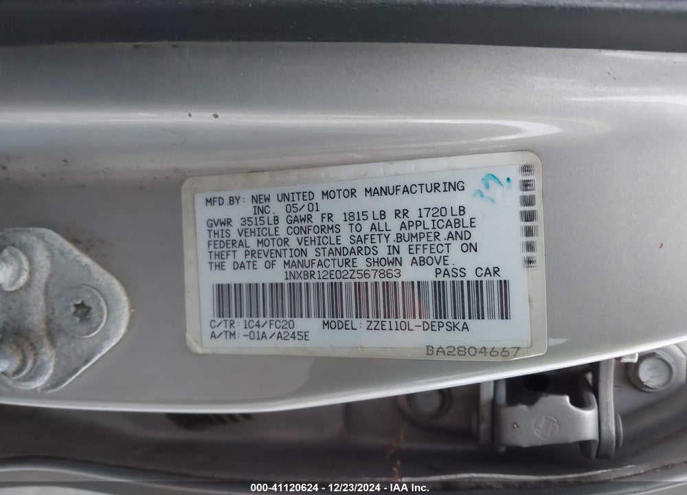 2002 TOYOTA COROLLA S VIN: 1NXBR12E02Z567863