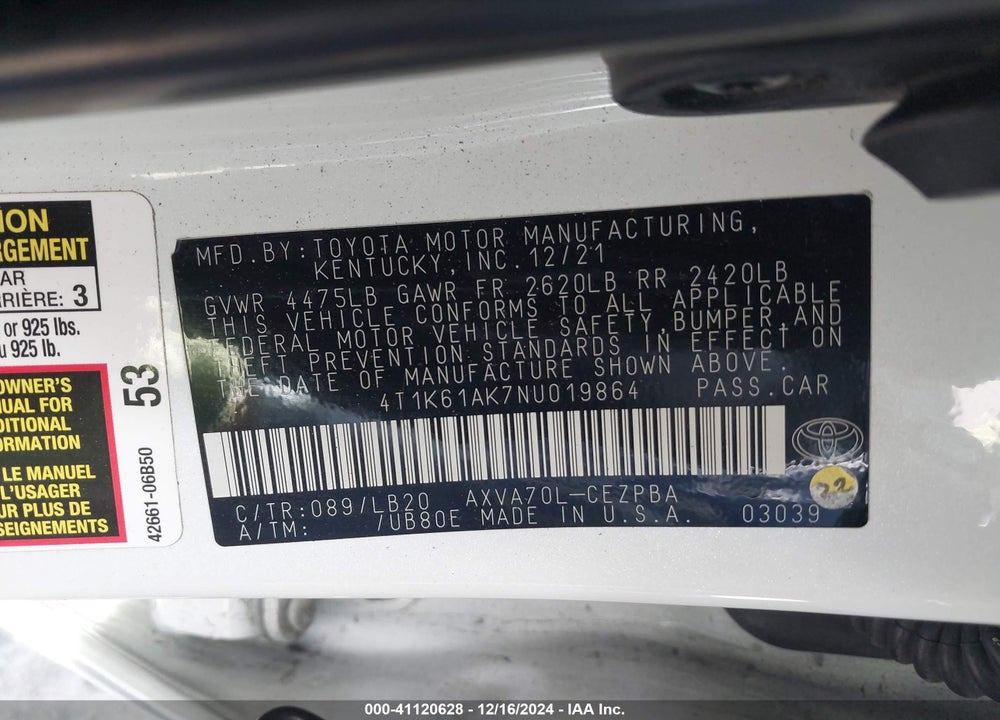 2022 TOYOTA CAMRY XSE VIN: 4T1K61AK7NU019864