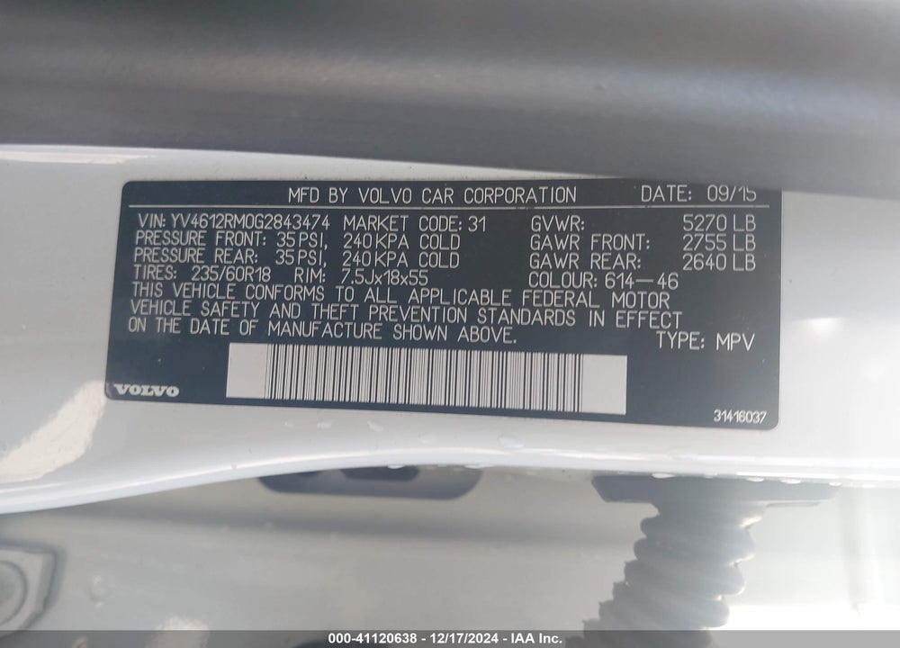 2016 VOLVO XC60 T5 PLATINUM VIN: YV4612RM0G2843474