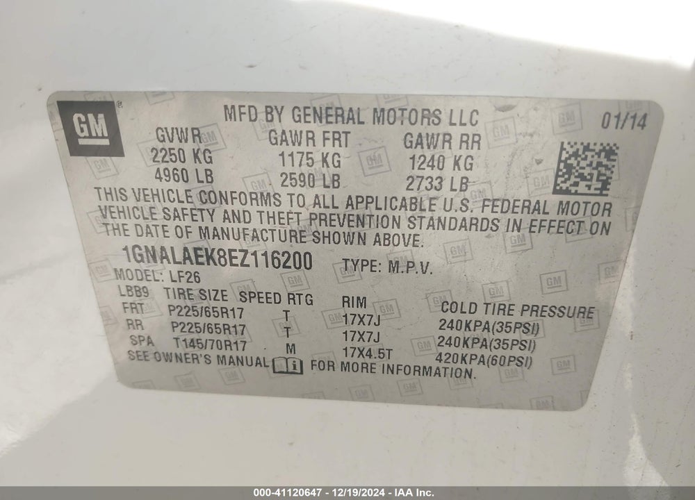 2014 CHEVROLET EQUINOX VIN: 1GNALAEK8EZ116200