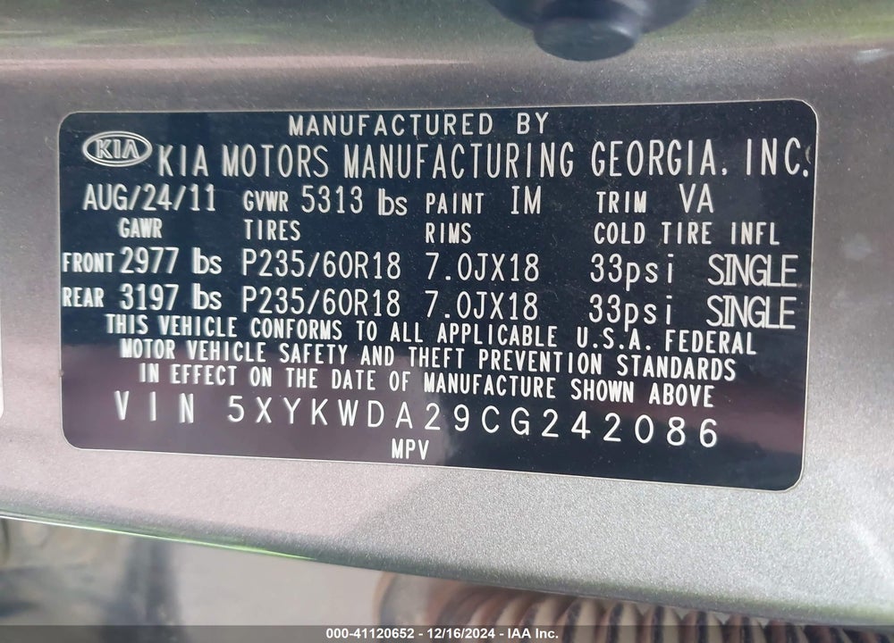 2012 KIA SORENTO SX V6 VIN: 5XYKWDA29CG242086