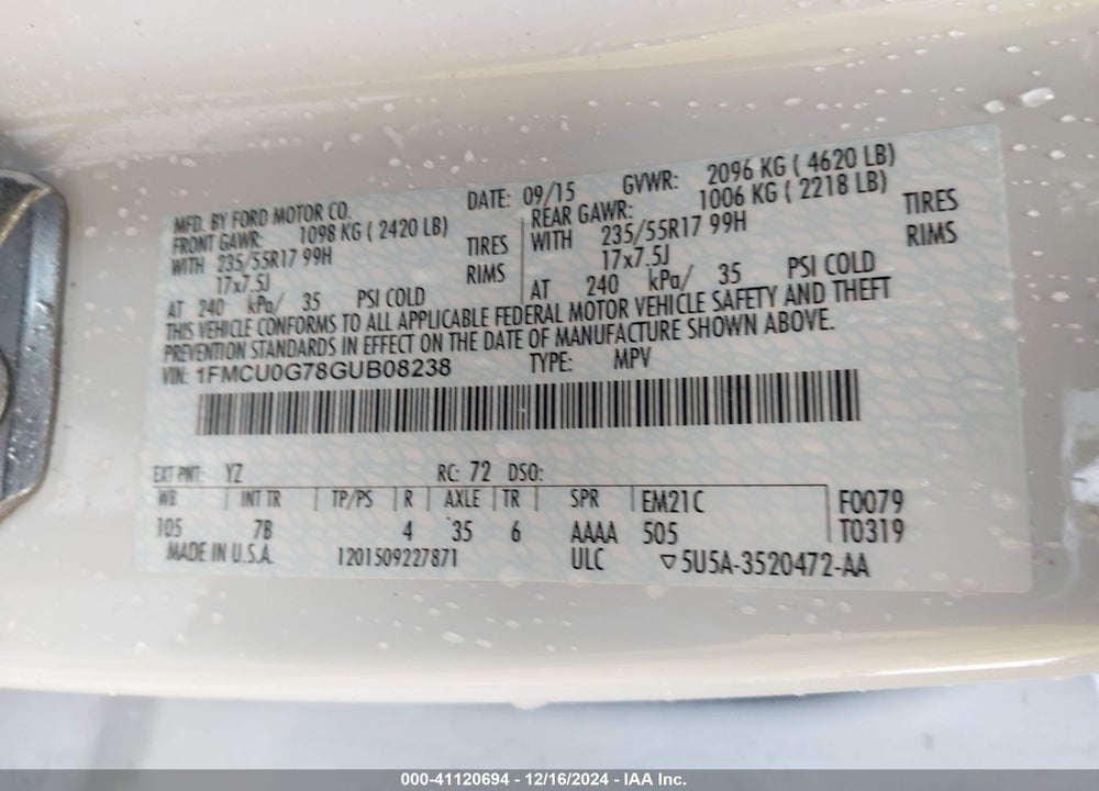 2016 FORD ESCAPE SE VIN: 1FMCU0G78GUB08238