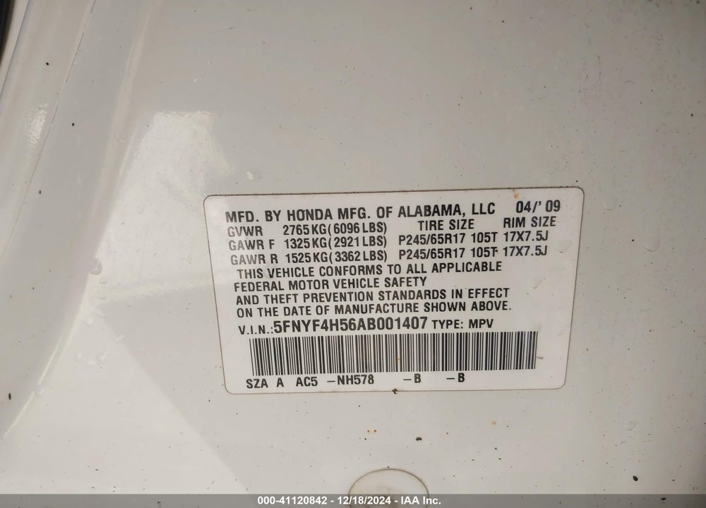 2010 HONDA PILOT EX-L VIN: 5FNYF4H56AB001407