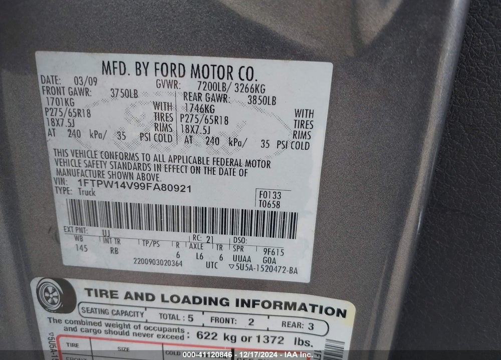 2009 FORD F-150 VIN: 1FTPW14V99FA80921