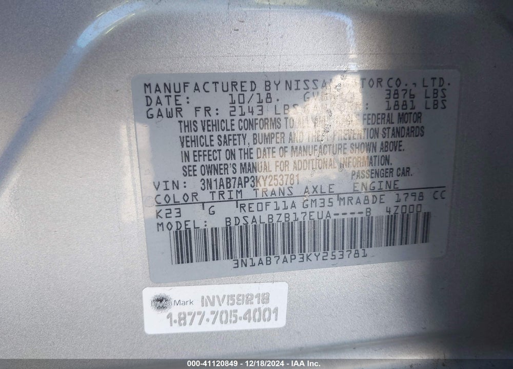 2019 NISSAN SENTRA VIN: 3N1AB7AP3KY253781