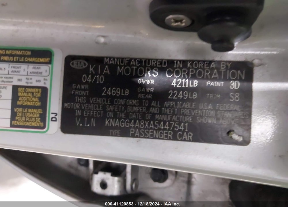 2010 KIA OPTIMA LX VIN: KNAGG4A8XA5447541