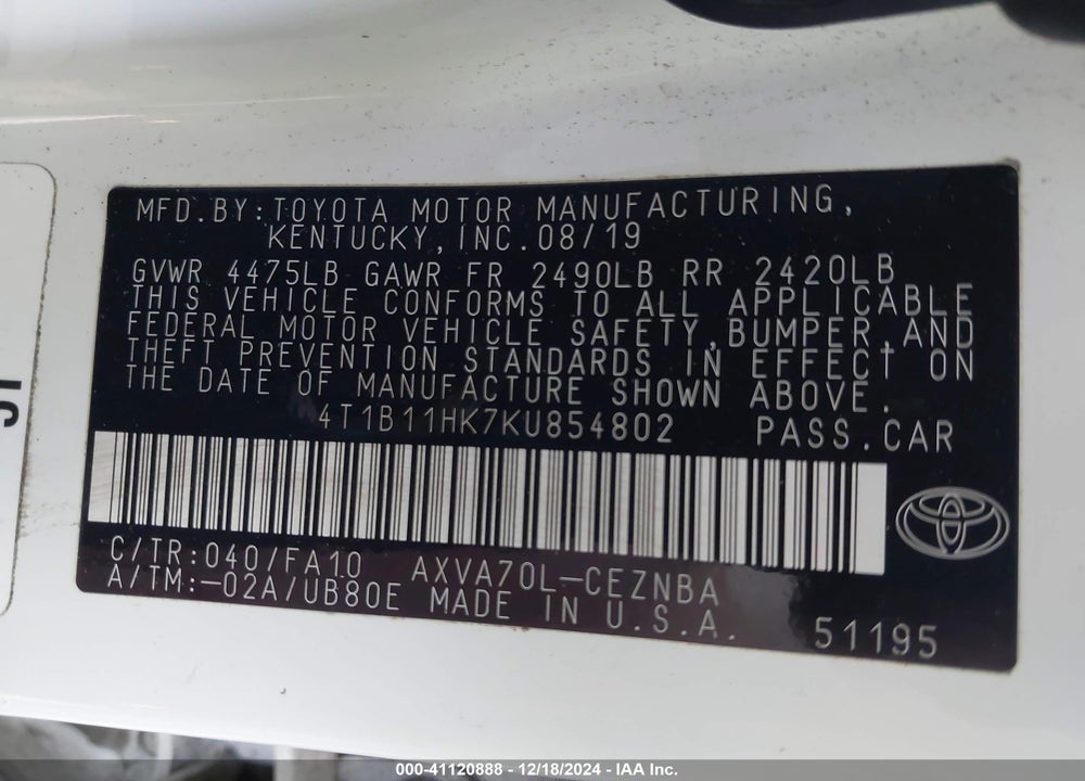 2019 TOYOTA CAMRY LE VIN: 4T1B11HK7KU854802