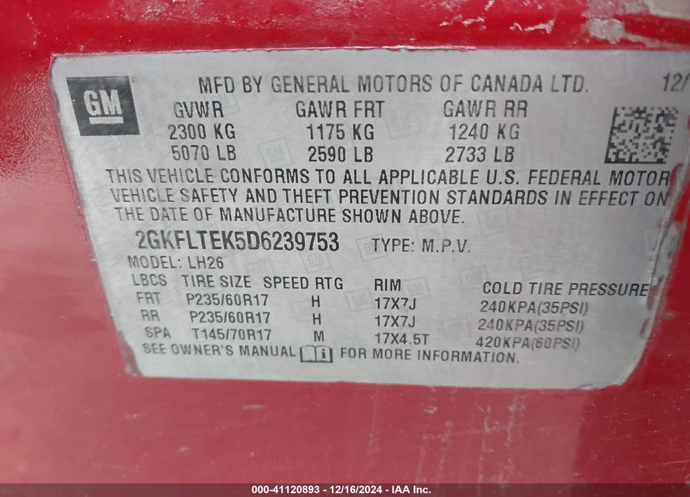 2013 GMC TERRAIN SLE-2 VIN: 2GKFLTEK5D6239753