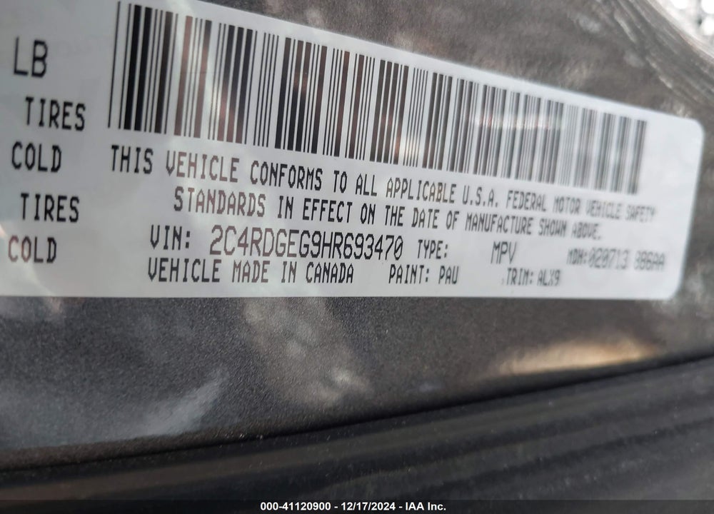 2017 DODGE GRAND CARAVAN GT VIN: 2C4RDGEG9HR693470