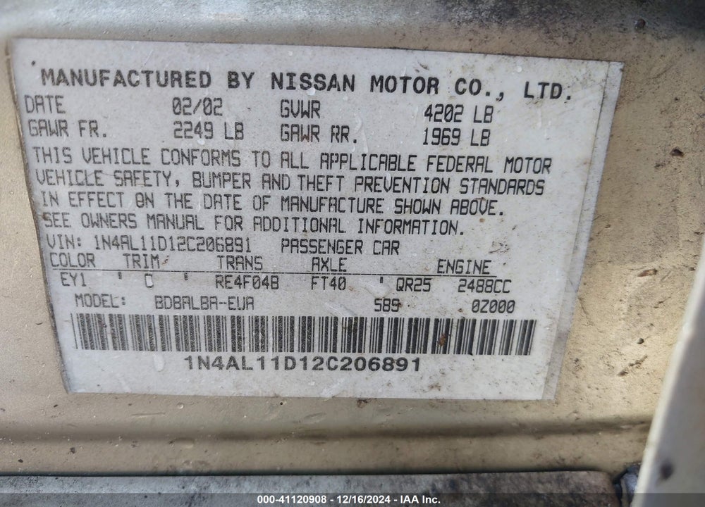 2002 NISSAN ALTIMA 2.5 SL VIN: 1N4AL11D12C206891