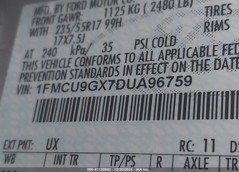 2013 FORD ESCAPE SE VIN: 1FMCU9GX7DUA96759