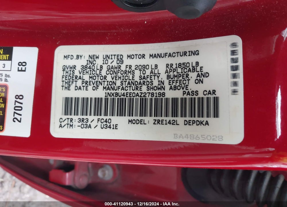 2010 TOYOTA COROLLA LE VIN: 1NXBU4EE0AZ278198