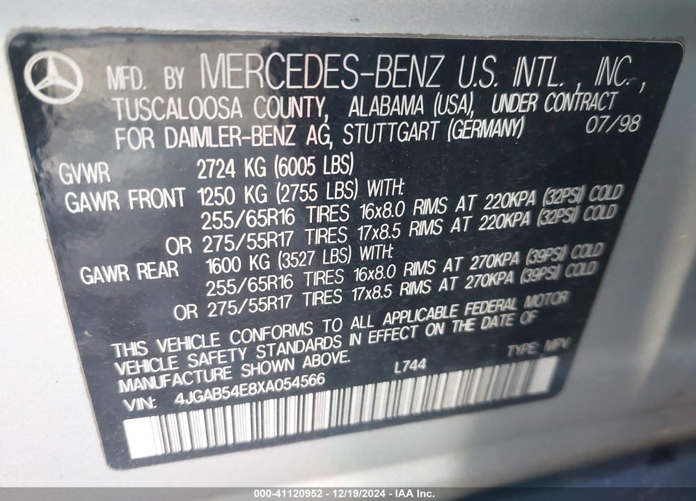 1999 MERCEDES-BENZ ML 320 VIN: 4JGAB54E8XA054566