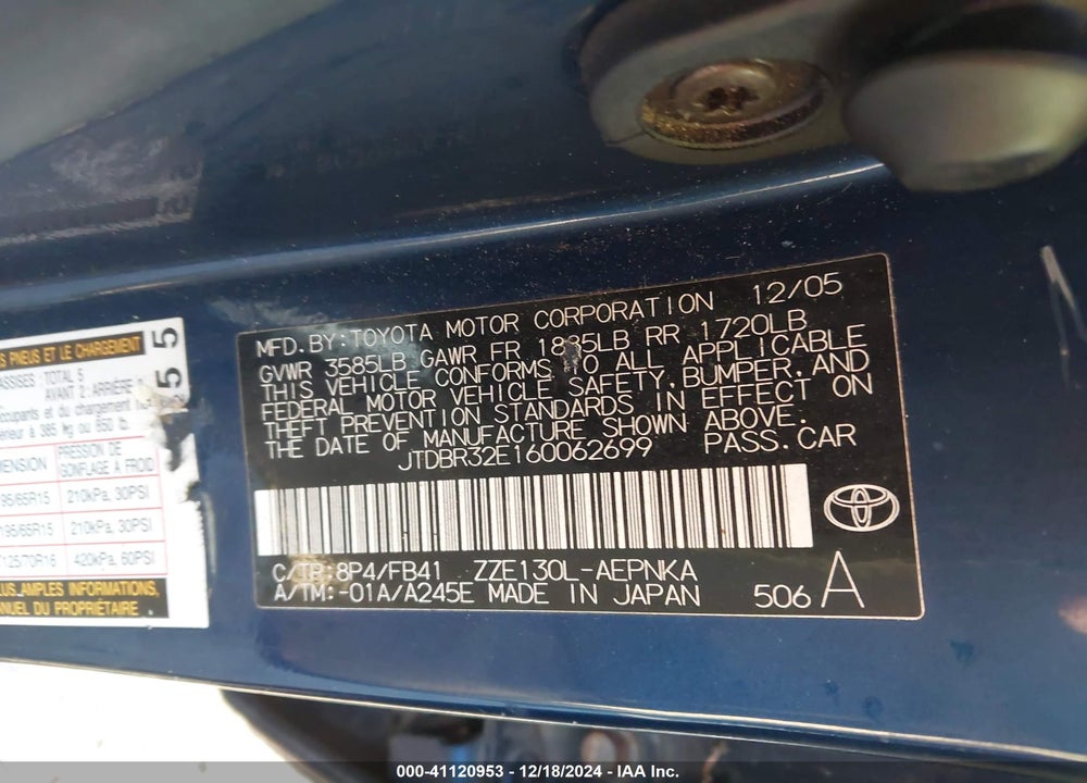 2006 TOYOTA COROLLA LE VIN: JTDBR32E160062699