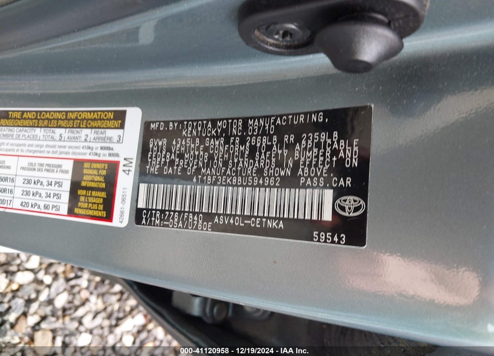 2011 TOYOTA CAMRY LE VIN: 4T1BF3EK8BU594962