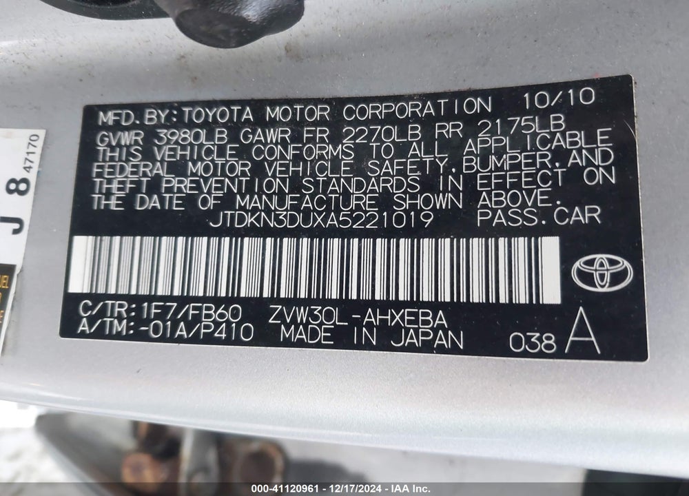2010 TOYOTA PRIUS III VIN: JTDKN3DUXA5221019