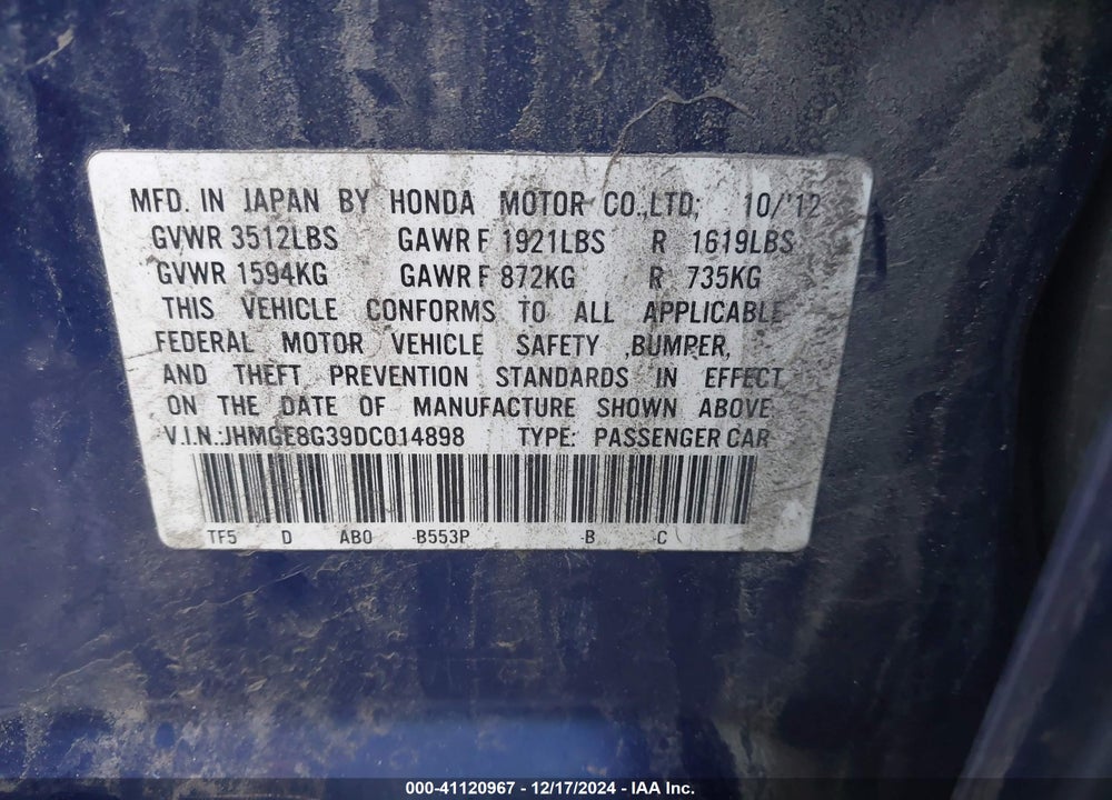 2013 HONDA FIT VIN: JHMGE8G39DC014898