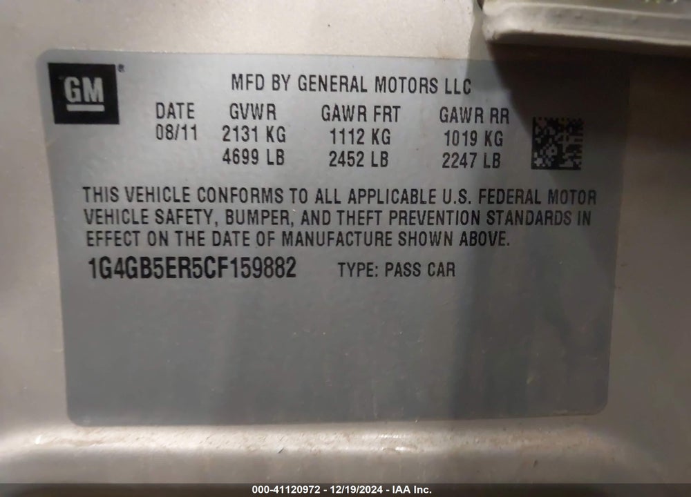 2012 BUICK LACROSSE CONVENIENCE GROUP VIN: 1G4GB5ER5CF159882