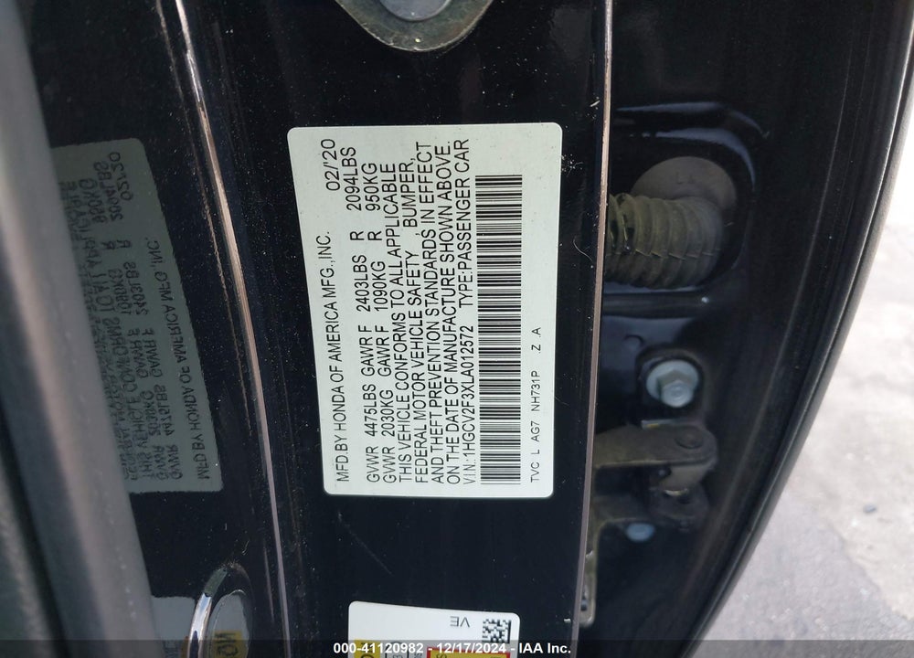 2020 HONDA ACCORD SPORT 2.0T VIN: 1HGCV2F3XLA012572