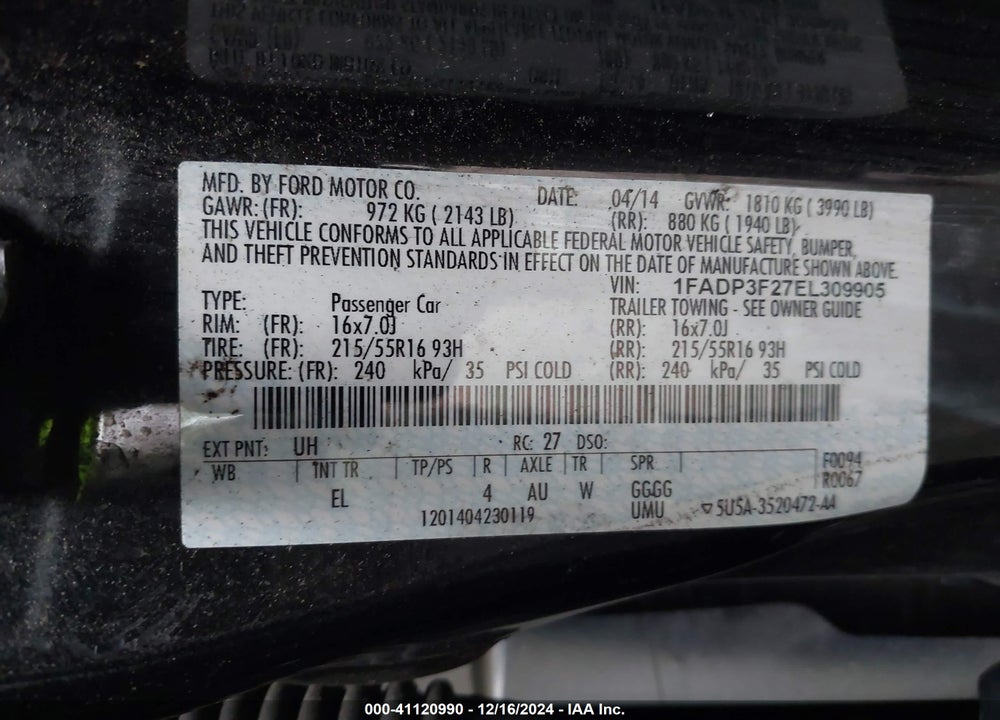 2014 FORD FOCUS SE VIN: 1FADP3F27EL309905