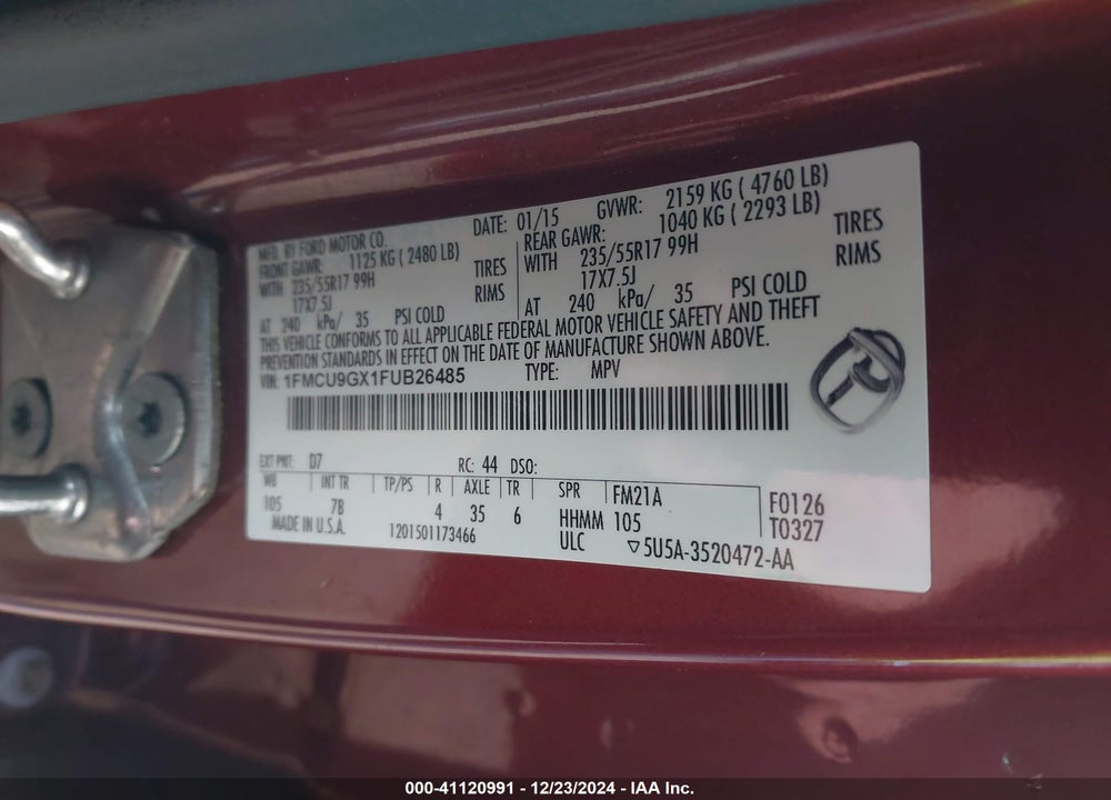 2015 FORD ESCAPE SE VIN: 1FMCU9GX1FUB26485