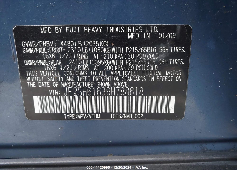 2009 SUBARU FORESTER 2.5X VIN: JF2SH61639H788618