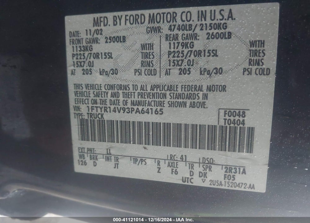 2003 RANGER FORD  EDGE/TREMOR/XL/XLT VIN: 1FTYR14V93PA64165