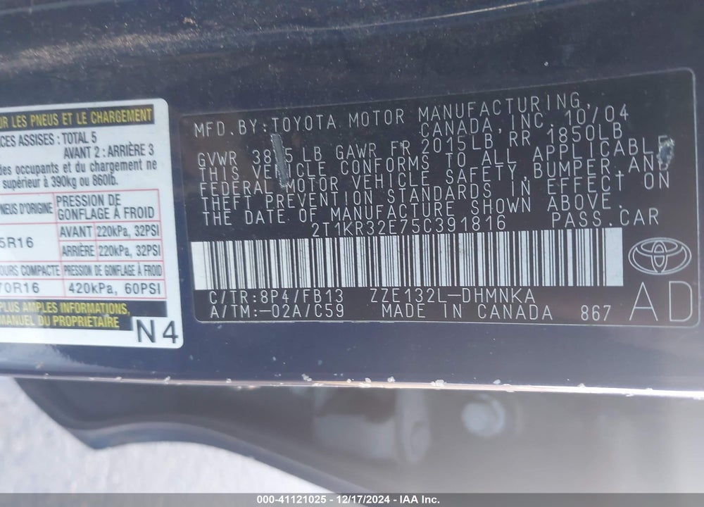 2005 TOYOTA MATRIX VIN: 2T1KR32E75C391816