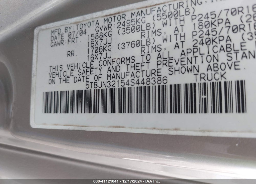 2004 TOYOTA TUNDRA VIN: 5TBJN32154S448386