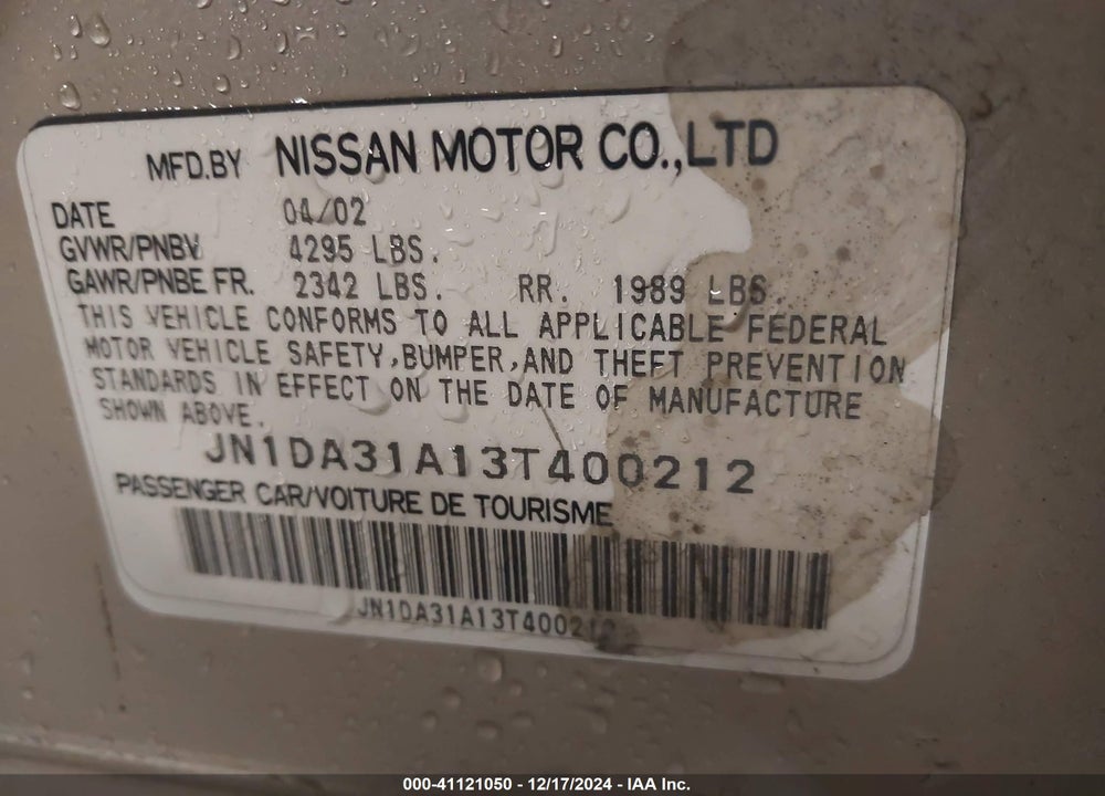 2003 NISSAN MAXIMA VIN: JN1DA31A13T400212