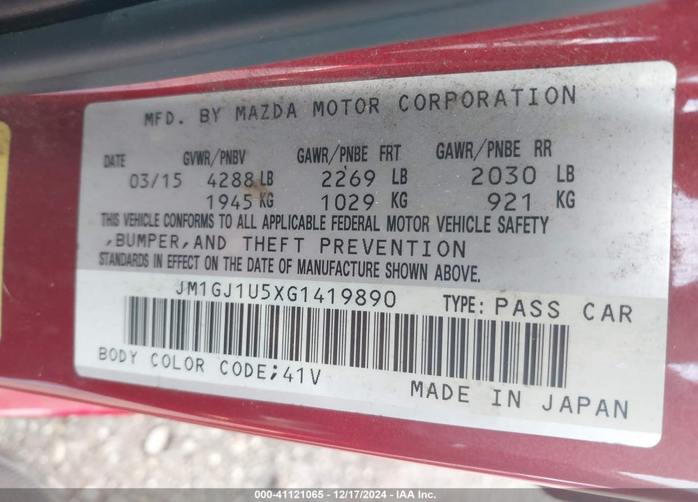 2016 MAZDA 6 VIN: JM1GJ1U5XG1419890