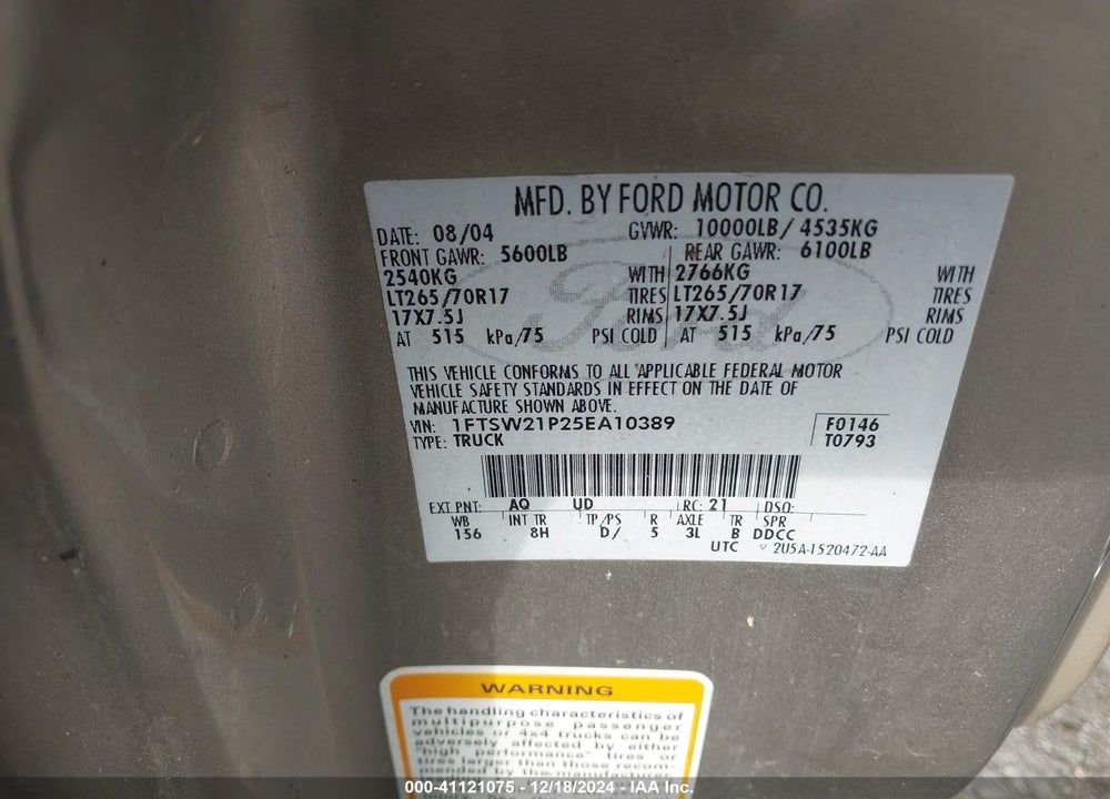 2005 FORD F-250 LARIAT/XL/XLT VIN: 1FTSW21P25EA10389